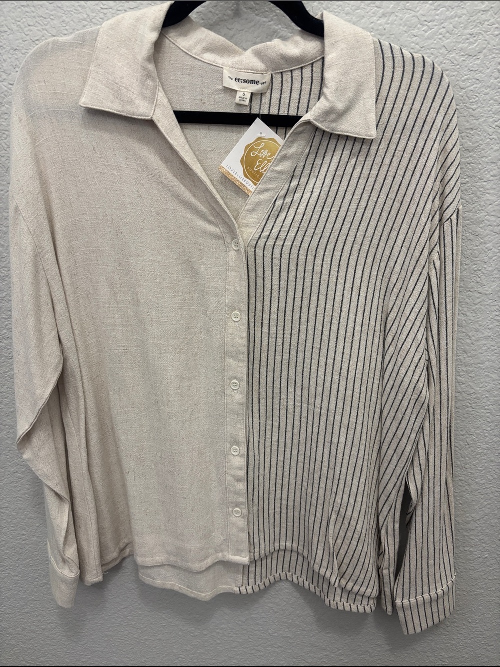 eesome Two-Tone Cream Button-Up Shirt with Black Pinstripes